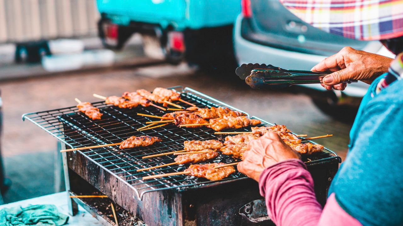 Pork skewers on charcoal grill Hua Hin